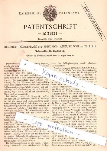 Original Patent  - H. Dörnemann und F. A. Weil in Crefeld , 1884 , Webmaschine für Handbetrieb , Krefeld !!!