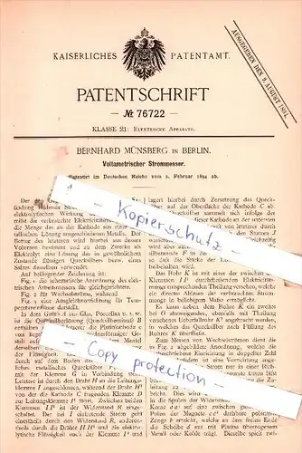 Original Patent  - Bernhard Münsberg in Berlin , 1894 ,  Voltametrischer Strommesser !!!