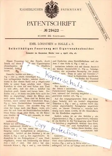 Original Patent  -Emil Lohausen in Halle a. S. , 1884 , Feuerzeug mit Cigarrenabschneider !!!