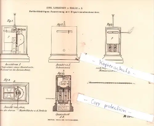 Original Patent  -Emil Lohausen in Halle a. S. , 1884 , Feuerzeug mit Cigarrenabschneider !!!