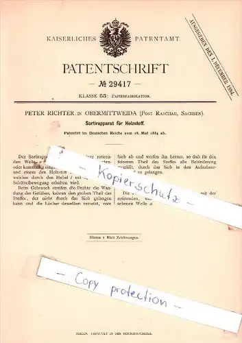 Original Patent  - P. Richter in Obermittweida , Post Raschau, Sachsen , 1884 , Sortirapparat !!!