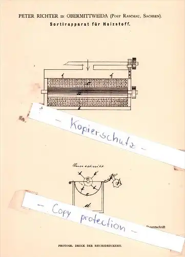 Original Patent  - P. Richter in Obermittweida , Post Raschau, Sachsen , 1884 , Sortirapparat !!!