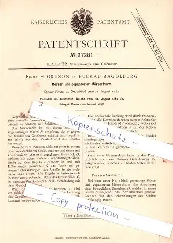 Original Patent  - Fa. H. Gruson in Buckau-Magdeburg , Mörser und gepanzerter Mörserthurm , Bunker !!!