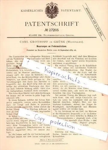 Original Patent  -  Carl Grothoff in Grüne , Westfalen , 1883 , Neuerungen an Federmatratzen !!!