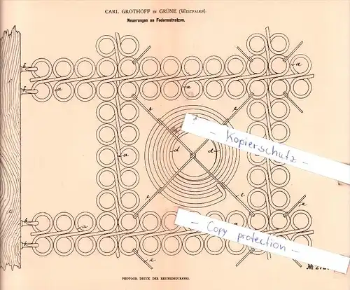 Original Patent  -  Carl Grothoff in Grüne , Westfalen , 1883 , Neuerungen an Federmatratzen !!!