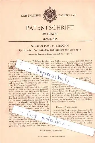 Original Patent  - Wilhelm Post in Iserlohn , 1900 , Elektrischer Funkenzünder !!!