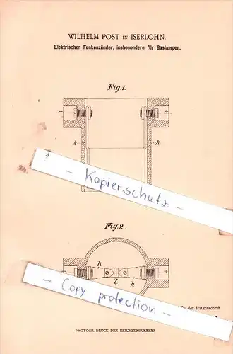 Original Patent  - Wilhelm Post in Iserlohn , 1900 , Elektrischer Funkenzünder !!!