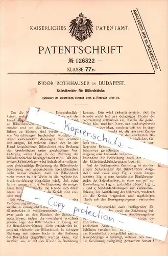 Original Patent  - Isidor Rothhauser in Budapest , 1900 , Selbstkreider für Billardstöcke , Billard !!!