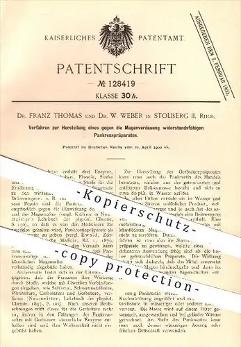 original Patent - Dr. F. Thomas , Dr. W. Weber , Stolberg II , widerstandsfähiges Pankreaspräparat gegen Magenverdauung