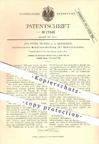 original Patent - J. P. Becker , Remscheid , 1881 , Hebelverstellung am Schlittschuh , Schuh , Schuhe , Sport , Eislauf