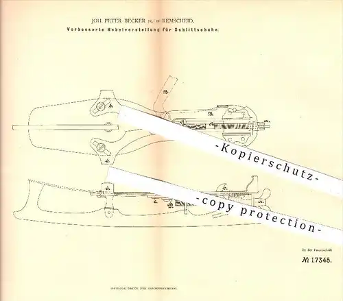 original Patent - J. P. Becker , Remscheid , 1881 , Hebelverstellung am Schlittschuh , Schuh , Schuhe , Sport , Eislauf