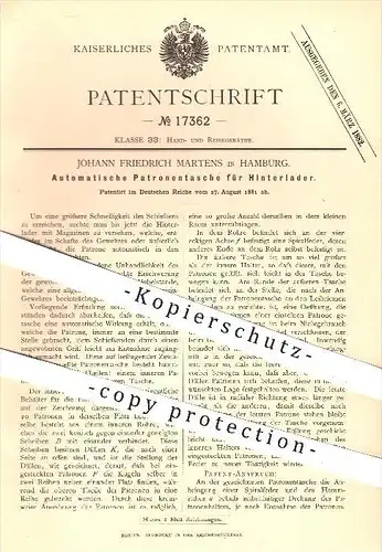 original Patent - J. F. Martens , Hamburg , 1881 , Patronentasche für Hinterlader , Patronen , Magazin , Gewehr , Waffen