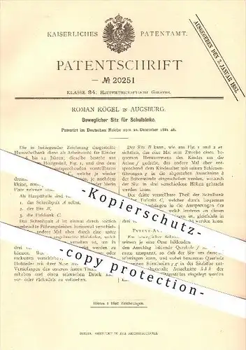 original Patent - Roman Kögel in Augsburg , 1881 , Beweglicher Sitz für Schulbänke , Schulbank , Schule , Stuhl , Möbel