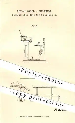 original Patent - Roman Kögel in Augsburg , 1881 , Beweglicher Sitz für Schulbänke , Schulbank , Schule , Stuhl , Möbel