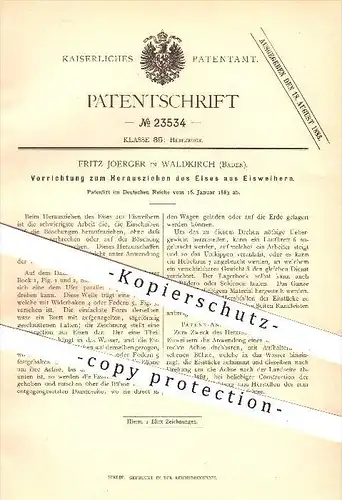 original Patent - Fritz Joerger in Waldkirch , 1883 , Herausziehen von Eis aus Eisweihern , Hebezeuge , Hebewerk !!!