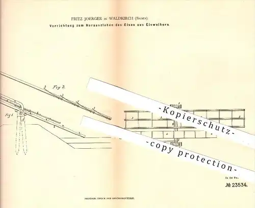 original Patent - Fritz Joerger in Waldkirch , 1883 , Herausziehen von Eis aus Eisweihern , Hebezeuge , Hebewerk !!!