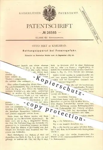 original Patent - Otto Hirt in Karlsbad , 1883 , Rettungsapparat bei Feuergefahr , Feuer , Feuerwehr , Rettungswesen !!