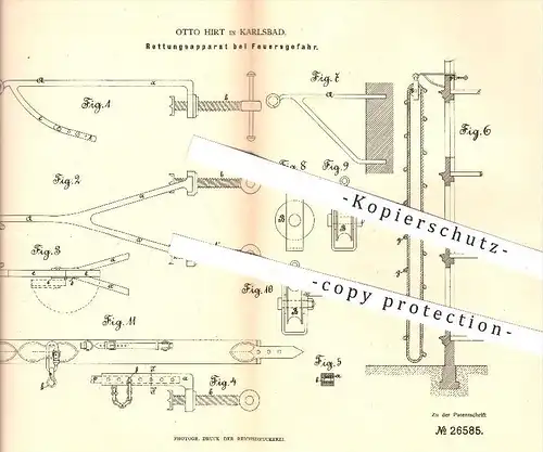 original Patent - Otto Hirt in Karlsbad , 1883 , Rettungsapparat bei Feuergefahr , Feuer , Feuerwehr , Rettungswesen !!