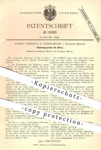 original Patent - Albert Heberle in Überlingen am Bodensee , 1882 , Hemmungssystem für Uhren , Uhr , Uhrwerk , Uhrmacher