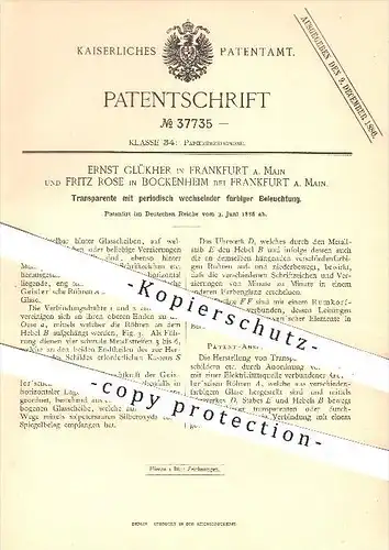 original Patent - E. Glükher , Frankfurt / F. Rose , Bockenheim , 1886, Transparent mit wechselnder Beleuchtung , Papier