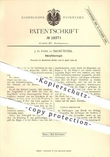 original Patent - J. D. Voss in Neumünster , 1884 , Stülpfalzziegel , Ziegel , Dachziegel , Dach , Dachdecker !!!