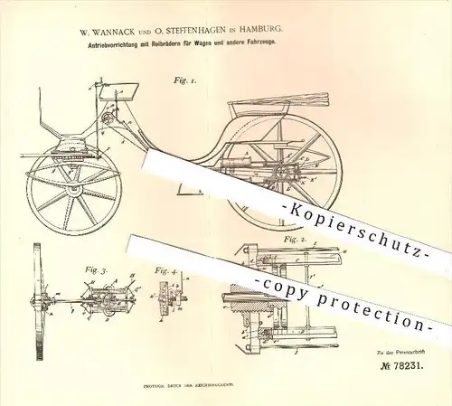 original Patent - W. Wannack , O. Steffenhagen , Hamburg , 1894, Antrieb mit Reibrädern für Fahrzeuge , Wagenbau , Räder