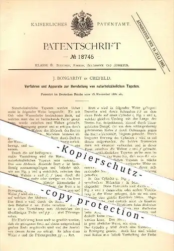 original Patent - J. Bongardt in Krefeld , 1881 , Herstellung von naturholzähnlichen Tapeten , Tapete , Papier !!