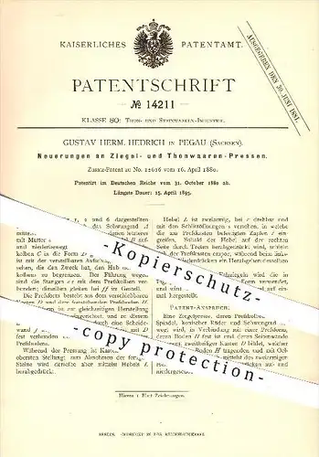 original Patent - Gustav H. Hedrich , Pegau , 1880, Ziegelpresse , Tonwaren - Pressen , Ziegelei , Presse , Ton , Ziegel