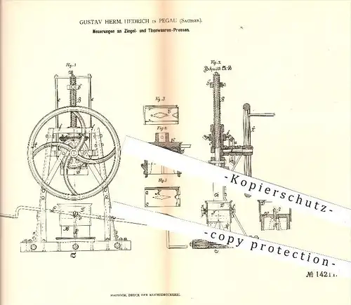 original Patent - Gustav H. Hedrich , Pegau , 1880, Ziegelpresse , Tonwaren - Pressen , Ziegelei , Presse , Ton , Ziegel