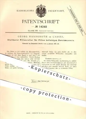 original Patent - Georg Wenderoth , Kassel , 1881, Stellbarer Pillenroller für Pillen , Tabletten , Gesundheit , Medizin
