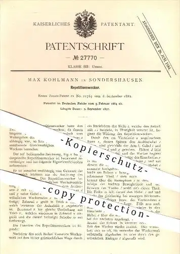 original Patent - Max Kohlmann in Sondershausen , 1884 , Repititionswecker , Wecker , Uhr , Uhren , Uhrwerk , Uhrmacher