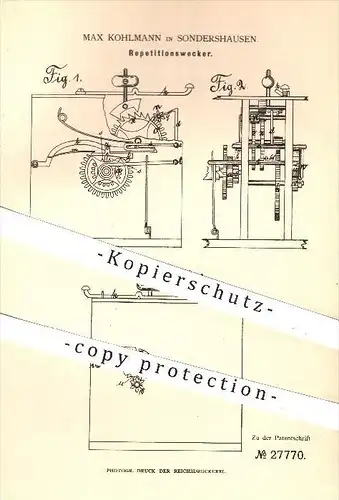 original Patent - Max Kohlmann in Sondershausen , 1884 , Repititionswecker , Wecker , Uhr , Uhren , Uhrwerk , Uhrmacher