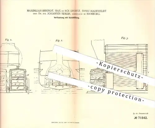 original Patent - Berendt , Max du Roi Droege , Hadenfeldt , Dr. Jur. Semler , Hamburg , 1892 , Feuerung für Dampfkessel