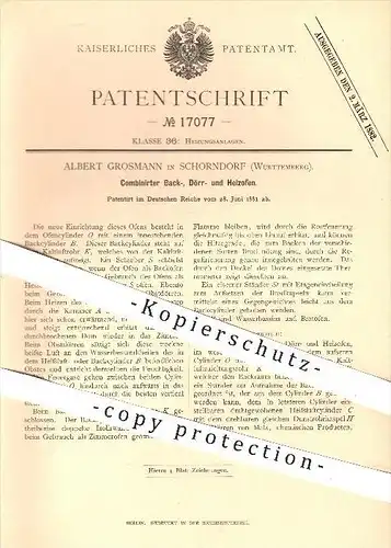 original Patent - Albert Grosmann in Schorndorf , 1881 , Kombinierter Backofen , Dörrofen , Heizofen , Ofen , Ofenbauer