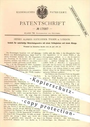 original Patent - H. A. A. Thorn , London , 1881 , Schloss für mehrläufige Hinterladegewehre , Gewehr , Gewehre , Waffen