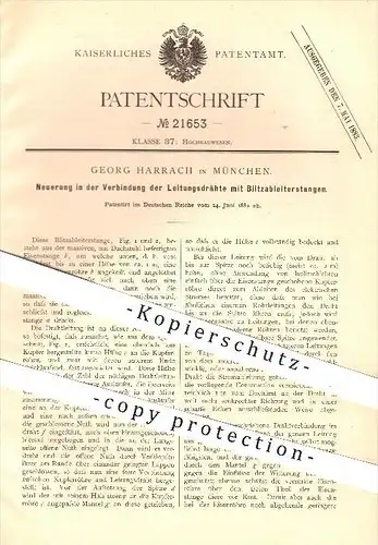 original Patent - Georg Harrach , München , 1882 , Verbindung der Leitungsdrähte mit Blitzableiter , Dach , Hochbau !!!