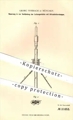 original Patent - Georg Harrach , München , 1882 , Verbindung der Leitungsdrähte mit Blitzableiter , Dach , Hochbau !!!