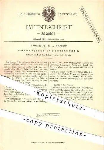 original Patent - H. Wiesenthal in Aachen , 1882 , Kontakt - Apparat für Eisenbahnsignal , Eisenbahn , Eisenbahnen !!!