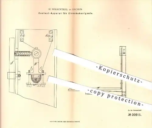 original Patent - H. Wiesenthal in Aachen , 1882 , Kontakt - Apparat für Eisenbahnsignal , Eisenbahn , Eisenbahnen !!!