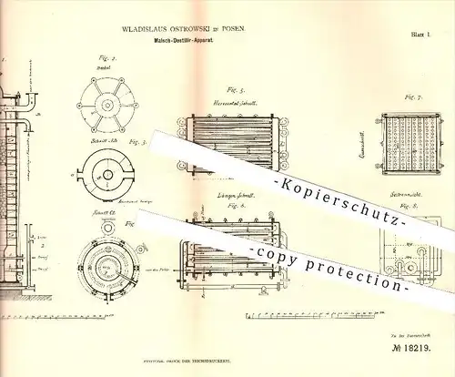 original Patent - Wladislaus Ostrowski in Posen , 1881 , Maisch - Destillier - Apparat , Maische , Destillation , Bier !