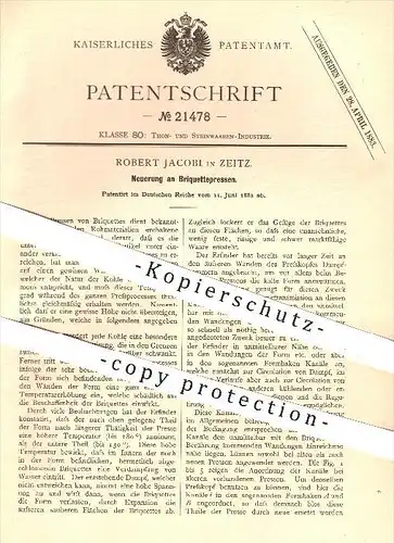 original Patent - Robert Jacobi in Zeitz , 1882 , Brikett - Presse , Pressen , Brennstoffe , Kohle , Kohlen , Heizung !!