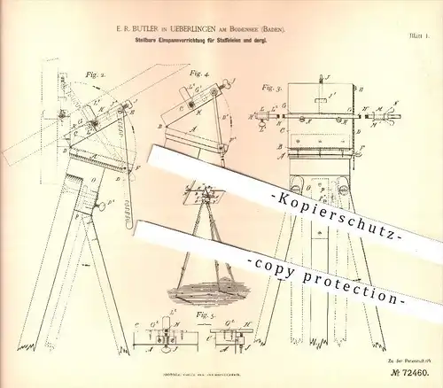 original Patent - E. R. Butler , Überlingen / Bodensee , 1893 , Einspannvorrichtung für Staffelei , Malerei , Maler !!