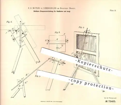 original Patent - E. R. Butler , Überlingen / Bodensee , 1893 , Einspannvorrichtung für Staffelei , Malerei , Maler !!