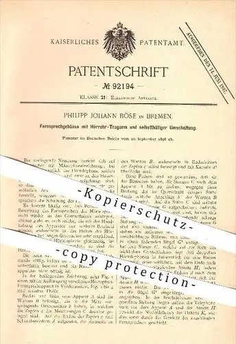 original Patent - Philipp Johann Böse in Bremen , 1896 , Fernsprecher mit Hörrohr - Tragarm u. Umschaltung , Telefon !!