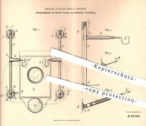 original Patent - Philipp Johann Böse in Bremen , 1896 , Fernsprecher mit Hörrohr - Tragarm u. Umschaltung , Telefon !!