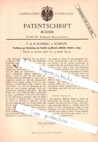 Original Patent  - F. & H. Blasberg in Solingen , 1884 , Herstellung des Kropfes an Messern !!!