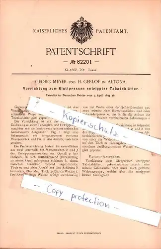 Original Patent  - Georg Meyer und H. Gerlof in Altona b. Hamburg , 1894 , Tabakblätter , Tabak !!!