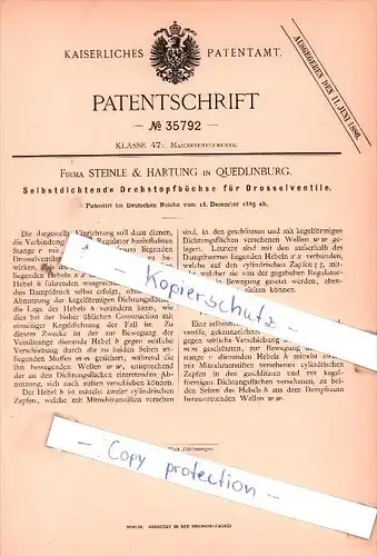 Original Patent  -  Firma Steinle & Hartung in Quedlinburg , 1885 , Maschinenelemente !!!