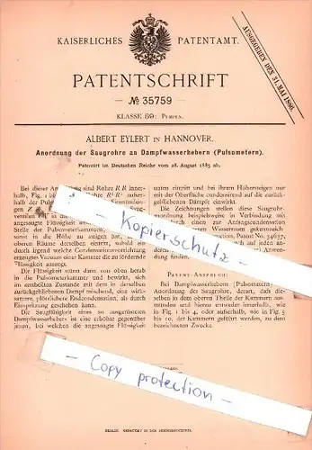 Original Patent  - Albert Eylert in Hannover , 1885 , Pumpen !!!