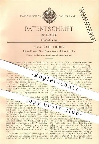 original Patent - F. Walloch , Berlin , 1901, Schaltung für Fernsprecher , Telefon , Telefonie , Strom , Magnet , Wecker